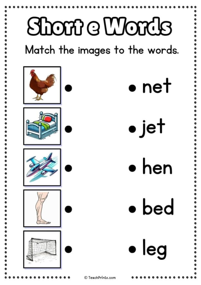 Make a Short E Word Activity for Beginning Readers Image 22 Kindergarten student writing short E CVC words on a worksheet with letter tiles and pictures