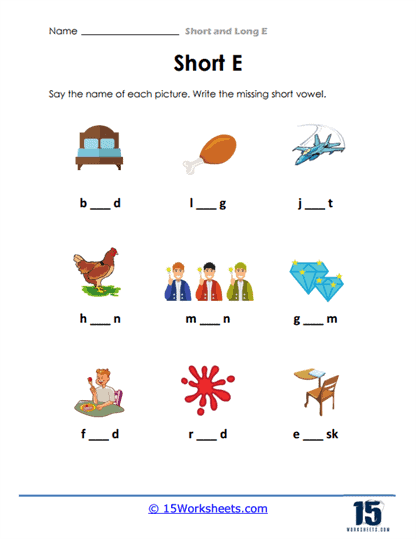 Make a Short E Word Activity for Beginning Readers Kindergarten student completing a short E CVC word worksheet with letter tiles and writing practice