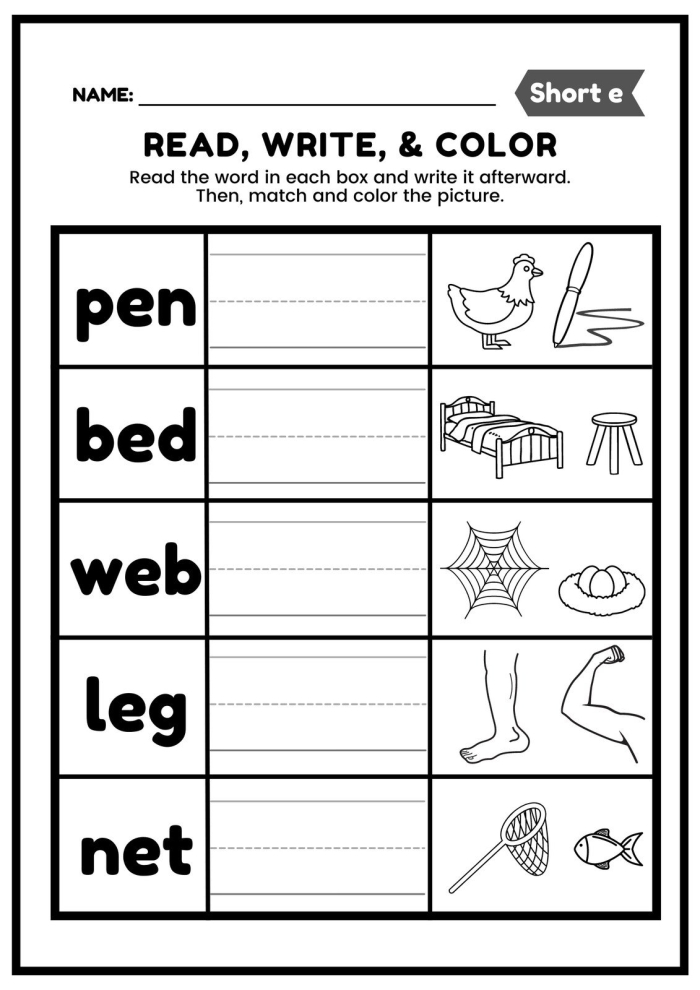 Short E Words Learning Activity for Early Readers Grade K Kindergarten student practicing short E CVC words with colorful picture matching activities on a worksheet