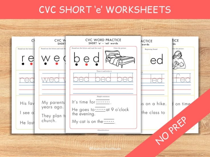 Short E Sound Learning Activity for Early Readers A kindergarten student practicing short E CVC words by writing and tracing letters on a colorful phonics worksheet