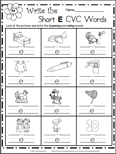 Short E Word Family Practice Activity for Beginning Readers Kindergarten student completing a short E CVC words activity with colorful letter combinations and pictures to trace and write