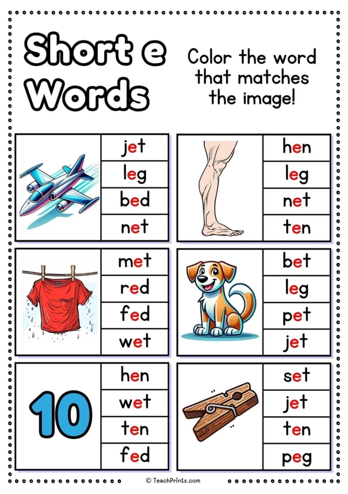 Short E Words Phonics Worksheet 24 Pre-K phonics worksheet focusing on identifying words with the short E vowel sound