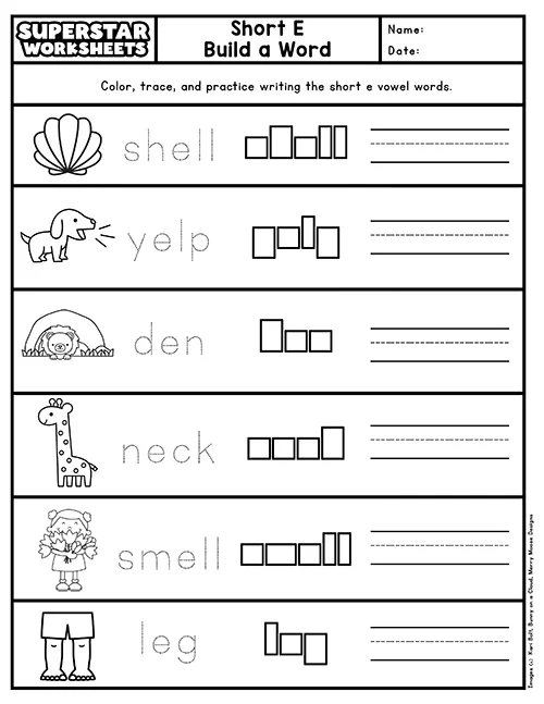 Pre-K Short E Sound Word Recognition Activity 17 Children identifying short e sound words in a phonics exercise for pre-K learners