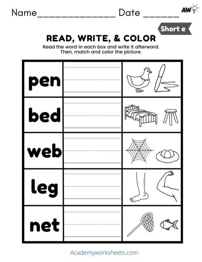 Short E Phonics Worksheet for Pre-K Students 16 Pre-K phonics worksheet focusing on identifying short E sound words for early learners