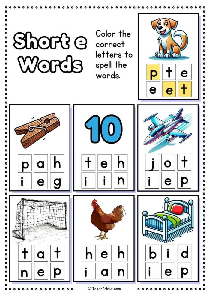 Phonics Worksheet Short E Sound Exercise 6 A child circles images representing short e sound words on a phonics worksheet