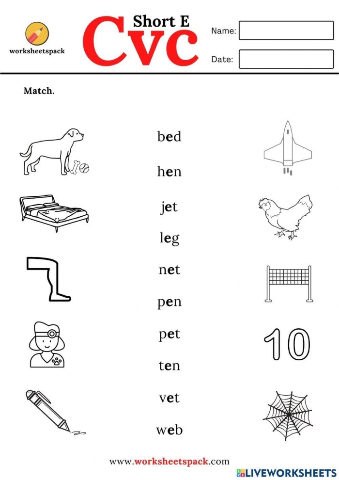 Short E Words Phonics Activity for Pre-K Students Image 18 Colorful worksheet showing pictures of objects with short E sound for preschool phonics practice