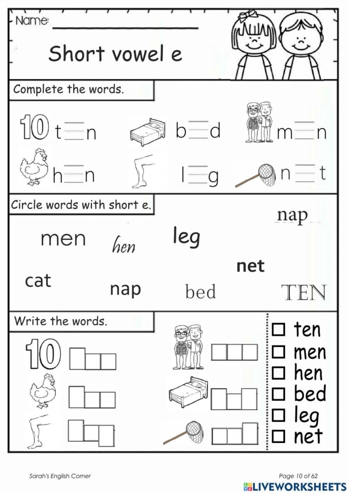 Short E Words Worksheet Number 8 for Early Learners Pre-K phonics worksheet focusing on identifying words that contain the short e vowel sound
