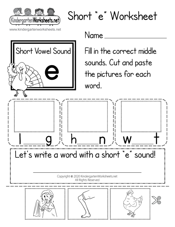 Short E Vowel Sound Recognition Practice Worksheet for Pre-K Students Preschool worksheet featuring pictures and words to help children identify and practice short e vowel sounds