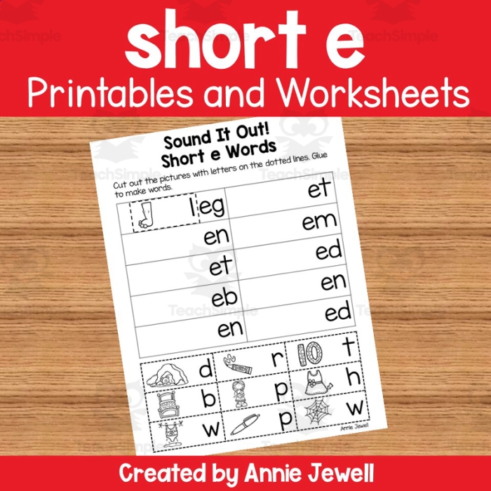 Phonics worksheet 19 featuring short e sound word recognition for preschool students Pre-K worksheet activity focusing on identifying words with the short e vowel sound