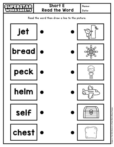 Make a Short E Word CVC Activity for Beginning Readers Grade K A kindergarten worksheet showing letter tiles and pictures to help students build consonant-vowel-consonant short E words like bed, hen, and net