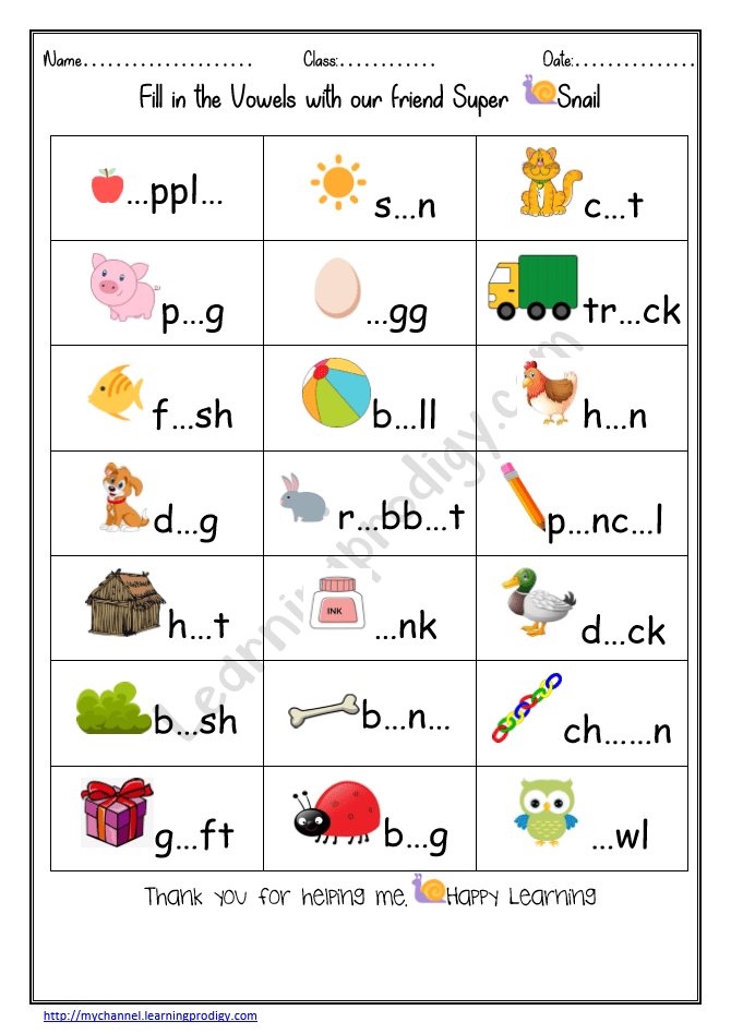 Short vowel worksheet for kindergarten students focusing on filling in the missing vowels
