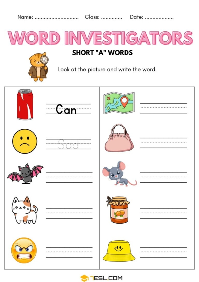 Kindergarten student completing a missing short vowel exercise on a geometry themed worksheet