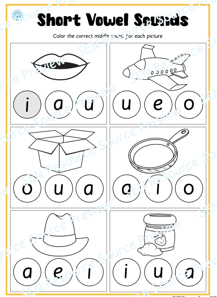 First grade color by short vowel sound worksheet activity with pictures and letter choices for sounding out words