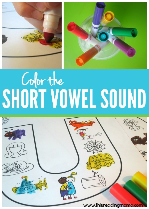 A first grade student coloring in a worksheet focused on short vowel sounds