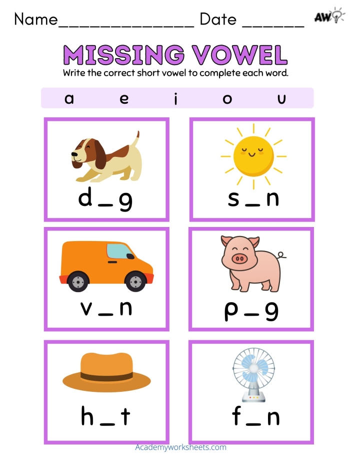 Kindergarten student working on a fill in the short vowel worksheet featuring geometric shape patterns