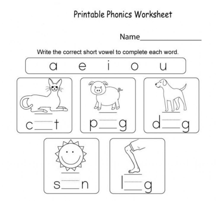 Kindergarten student completing a missing short vowel exercise on a geometry themed worksheet