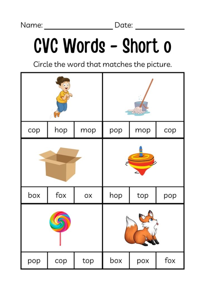 Kindergarten student completing a circle the short vowel sounds worksheet