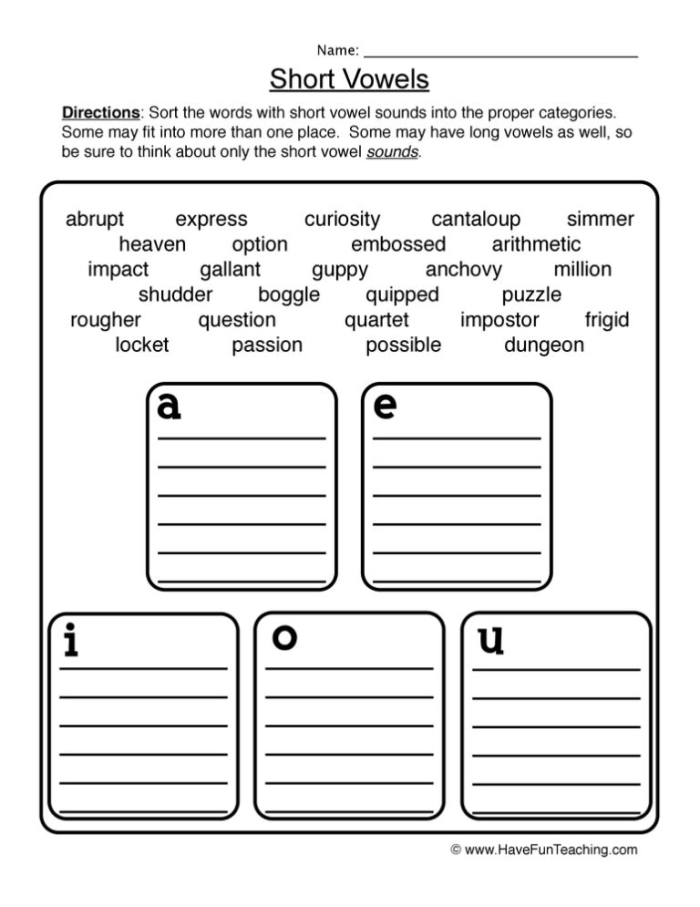 Sort the Short Vowels Practice Activity 8 for Early Learners A colorful sorting worksheet showing short vowel sounds with pictures and boxes for Pre-K students to practice phonics skills