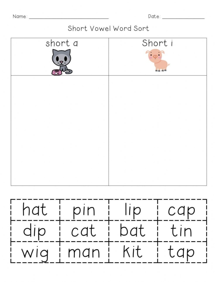 Sort the Short Vowels Worksheet 4 for Preschoolers Preschool worksheet activity showing pictures grouped by short vowel sounds for sorting practice