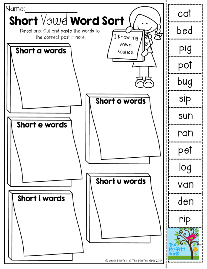 Sort the Short Vowels Practice Sheet 21 for Kindergarten Phonics Learning Pre-K students sorting pictures by short vowel sounds in a colorful worksheet activity