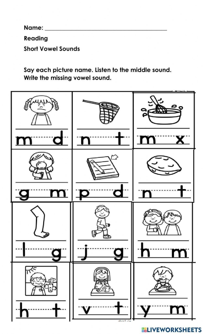Sort the Short Vowels Worksheet Activity 3 for Early Learners A pre-kindergarten worksheet showing pictures of objects grouped by short vowel sounds for sorting practice