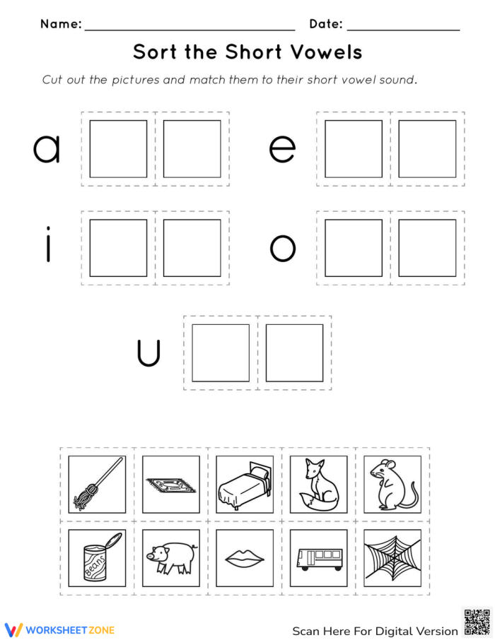 Sort the Short Vowels Practice Worksheet 11 Pre-K student sorting short vowel sound pictures into category columns on a worksheet