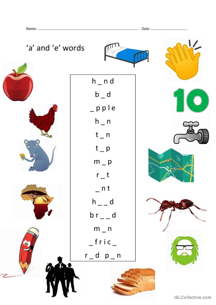 Short Vowel Sounds E worksheet for first graders focusing on phonics and word families