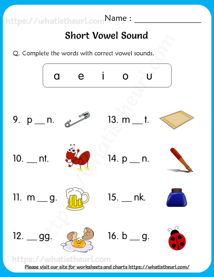 Engaging worksheet for reviewing short vowels from A to U in early reading skills Short Vowel Sounds worksheet for kindergarten students featuring a word match activity