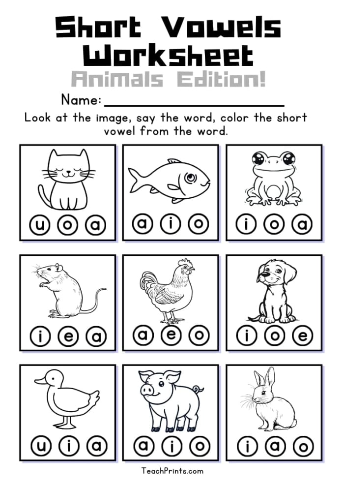 Kindergarten phonics worksheet featuring nine three-letter words with missing vowels to practice spelling
