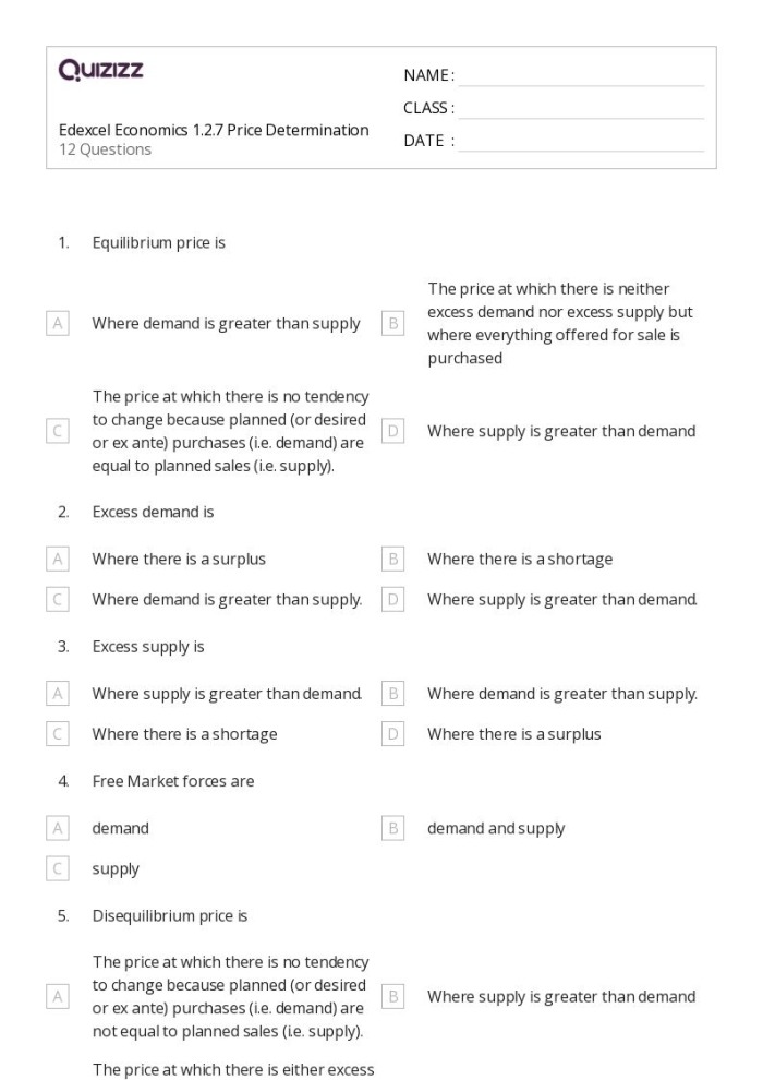 Economics worksheet showing how shortages and surpluses affect product pricing for middle school math Sixth grade students learning about shortage and surplus economics concepts with visual examples of supply and demand