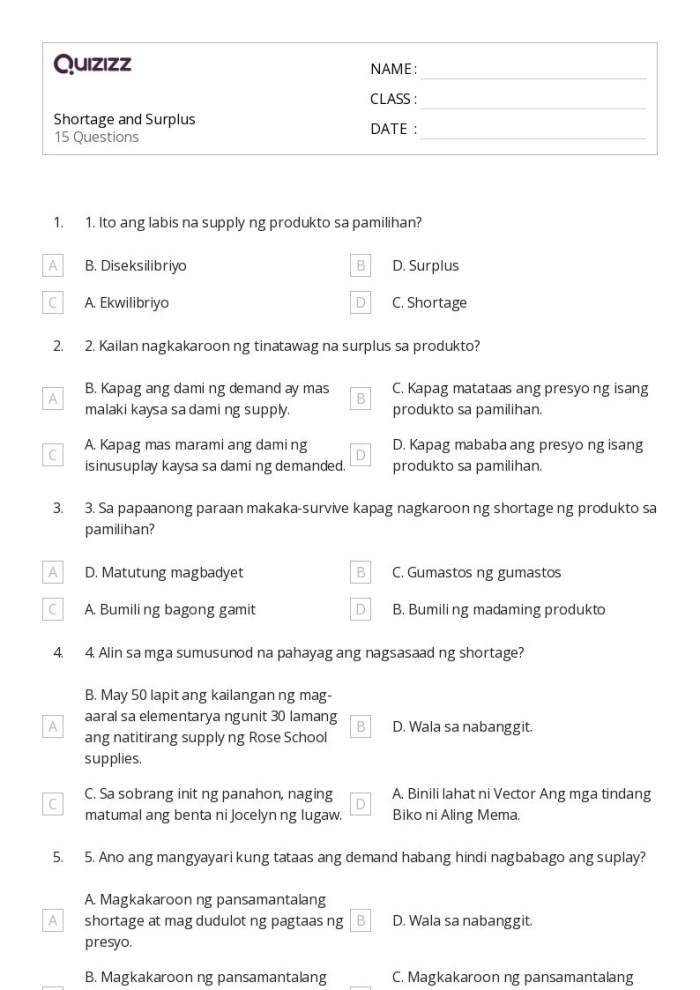 Shortage and Surplus Economics Worksheet for Grade 6 Lesson 5 Sixth grade math worksheet explaining the concepts of shortage and surplus with integer examples