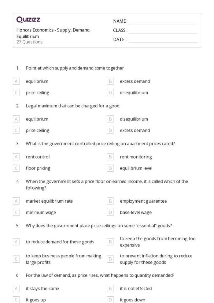 Economics worksheet showing supply and demand effects on pricing for middle school math Sixth grade students learning about shortage and surplus economics concepts with integer examples