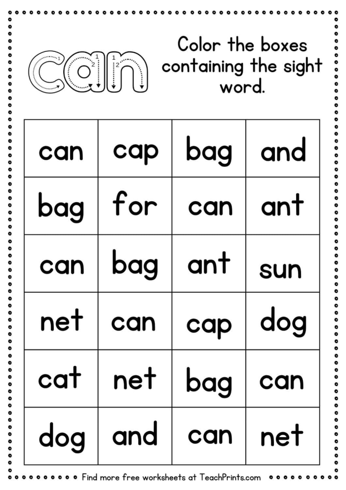 Colorful worksheet featuring the sight word "can" for pre-K students to color and decorate. Engaging sight word activity for young learners to enhance reading skills.