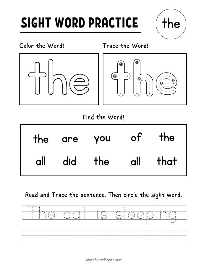 Engaging sight word practice sheet for early learners in grade Pre-K Sight word worksheet for Pre-K students to practice reading skills