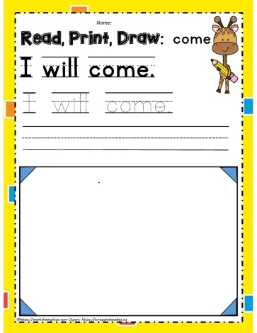 Pre-K worksheet activity focusing on the sight word Come for life science learning