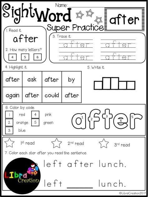 First grade student filling in missing sight words on a printed worksheet