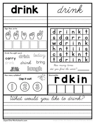 Worksheet featuring activities to write and draw the sight word "eight" for kindergarten students. Educational resource for learning numbers in the Time and Money category.