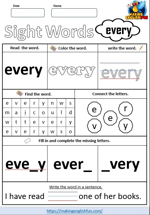 Printable worksheet for kindergarten focusing on the sight word "every" to aid reading skills