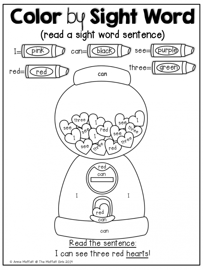 Hearts Color by Sight Word Kindergarten Worksheet 4 Kindergarten student filling in a Hearts Color by Sight Word worksheet to practice reading skills