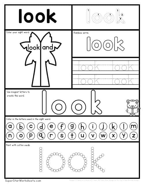 Pre-K student working on a creative coloring activity for the sight word look featuring animal decorations