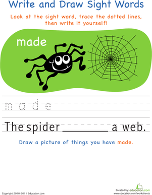 Kindergarten student practicing writing and drawing the sight word made on a printable worksheet