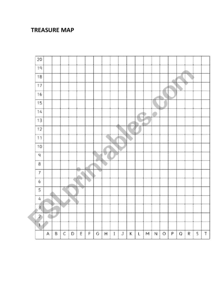 Treasure map grid worksheet designed for second graders to practice sight words and map reading skills