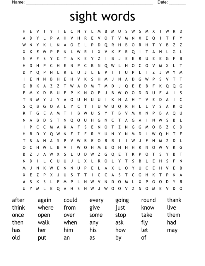 Engaging first-grade sight word search activity focusing on letter A words Sight Word Search worksheet featuring words that start with the letter A for first graders