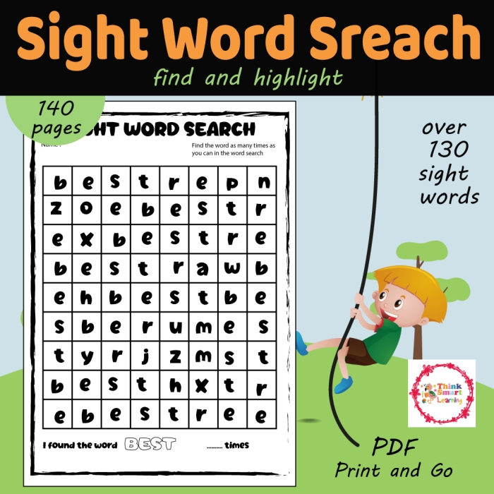 Engaging sight word search activity for first graders focusing on the letter A First grade sight word search worksheet featuring words that start with the letter A