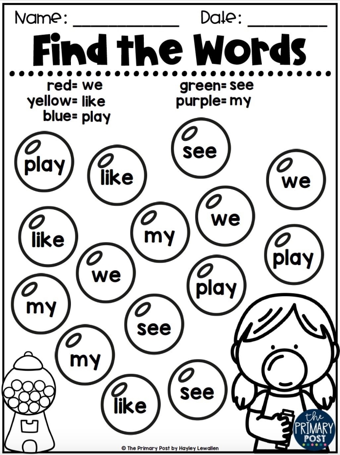 Fun sight word search activity for first grade students, highlighting the letter A Worksheet featuring a sight word search for first graders focusing on words that start with the letter A