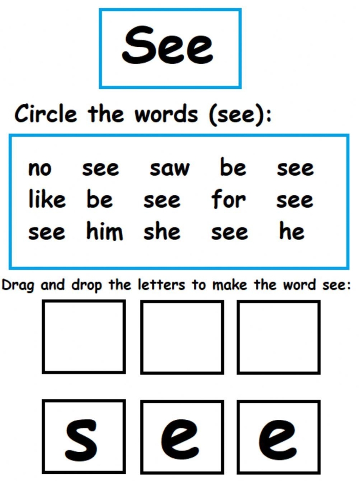 Sight Word Writing Practice Worksheet Number 24 Kindergarten worksheet for practicing the sight word see with tracing and sentence building exercises
