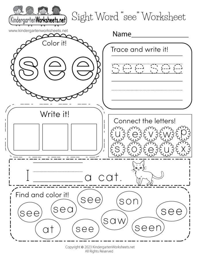 Engaging "See" sight word worksheet for kindergarteners to develop writing skills through tracing and sentence construction. Worksheet for young learners to practice writing the sight word "see" by tracing and using it in a sentence. Educational activity focusing on spelling for kindergarten students.