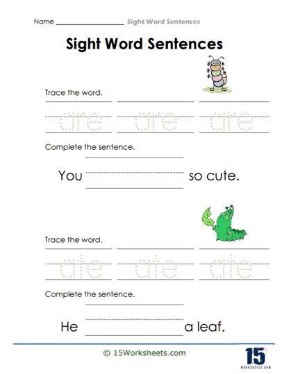 Kindergarten student practicing writing common sight words on a fill-in-the-blank sentence worksheet