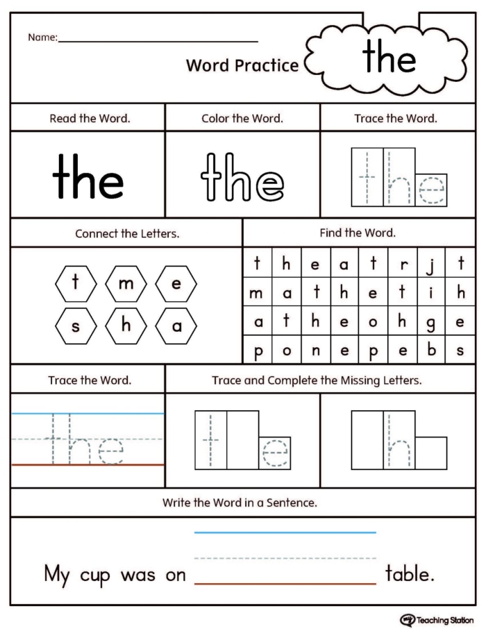 Engaging spelling practice for early learners in geometry-themed worksheets Sight Word Spelling worksheet for kindergarten students featuring cut-and-paste activities
