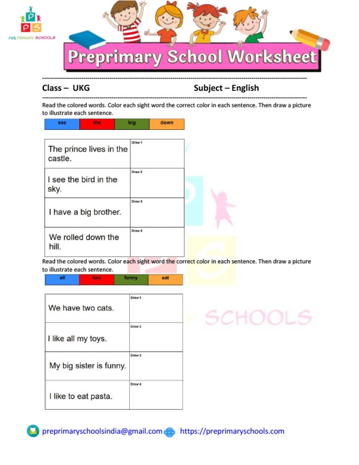 Kindergarten student tracing and illustrating the sight word both on a printable learning sheet